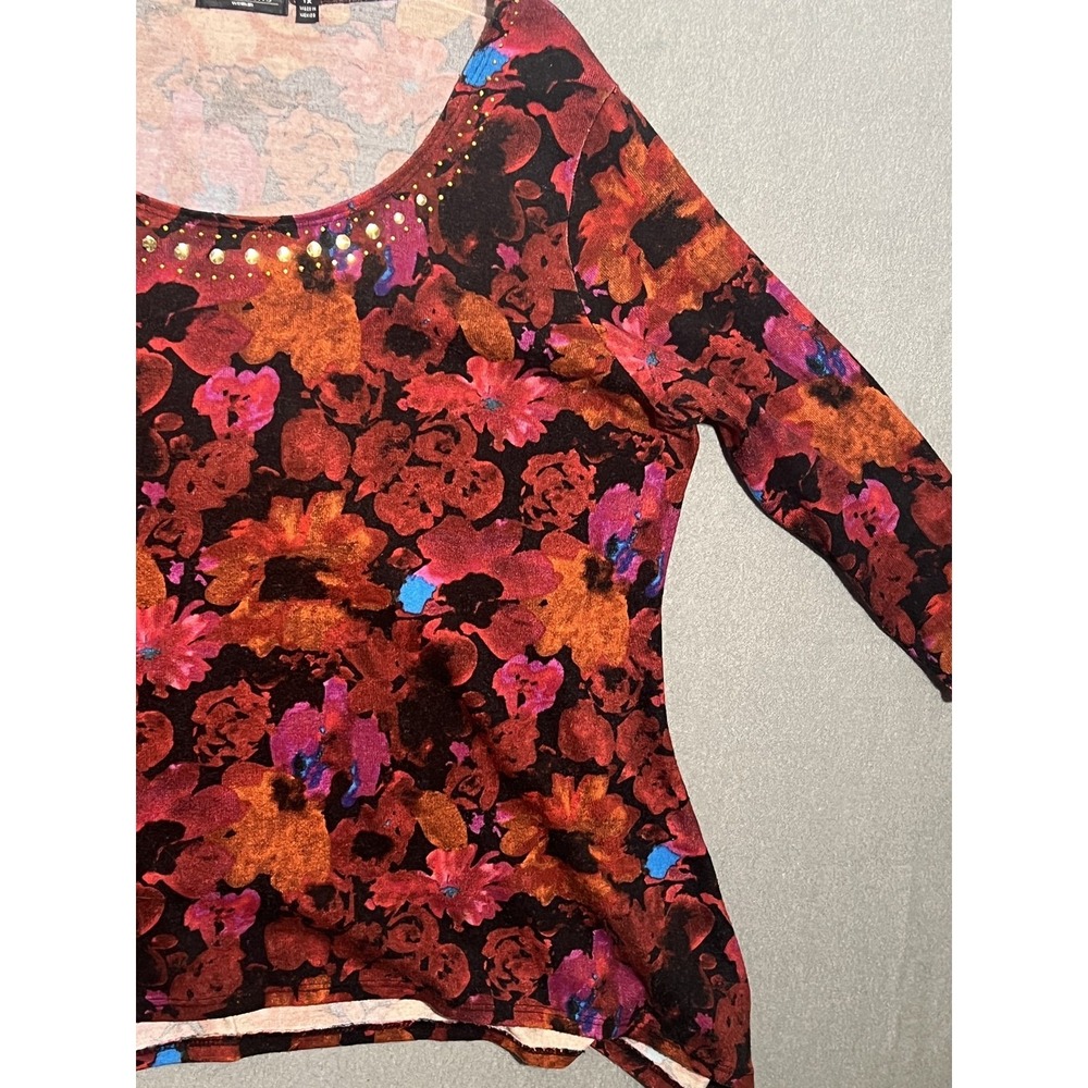 Notations Woman Plus Size 1X Floral Studded V-Neck 3/4 Sleeve Tunic Top Blouse - Picture 3 of 7